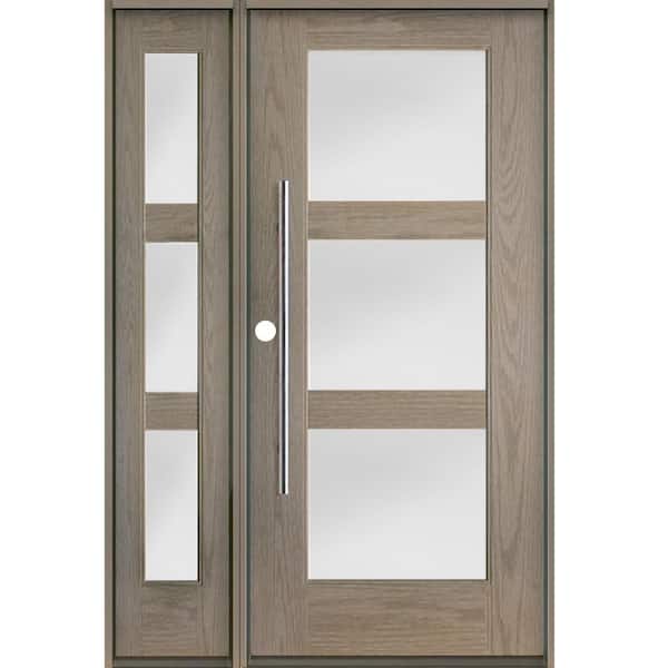 Faux Pivot 50 in. W. x 80 in. 3-Lite Right Inswing Satin Glass Oiled Leather Stain Fiberglass Prehung Front Door LSL