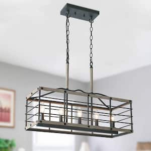 Industrial 26 in. 5-Light Dark Gray Island Chandelier with Faux Wood Accents