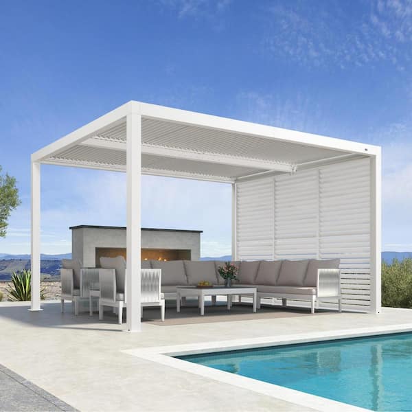 11 ft. x 13 ft. White Aluminum Louvered Pergola with 2 Adjustable Sunshade Roofs and 1-Short Side Fixed Shutter Wall