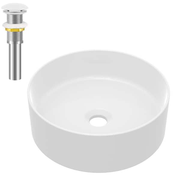 yulika Round Sink 14 in . Bathroom Sink Ceramic Vessel Sink with Pop-Up Drain in White