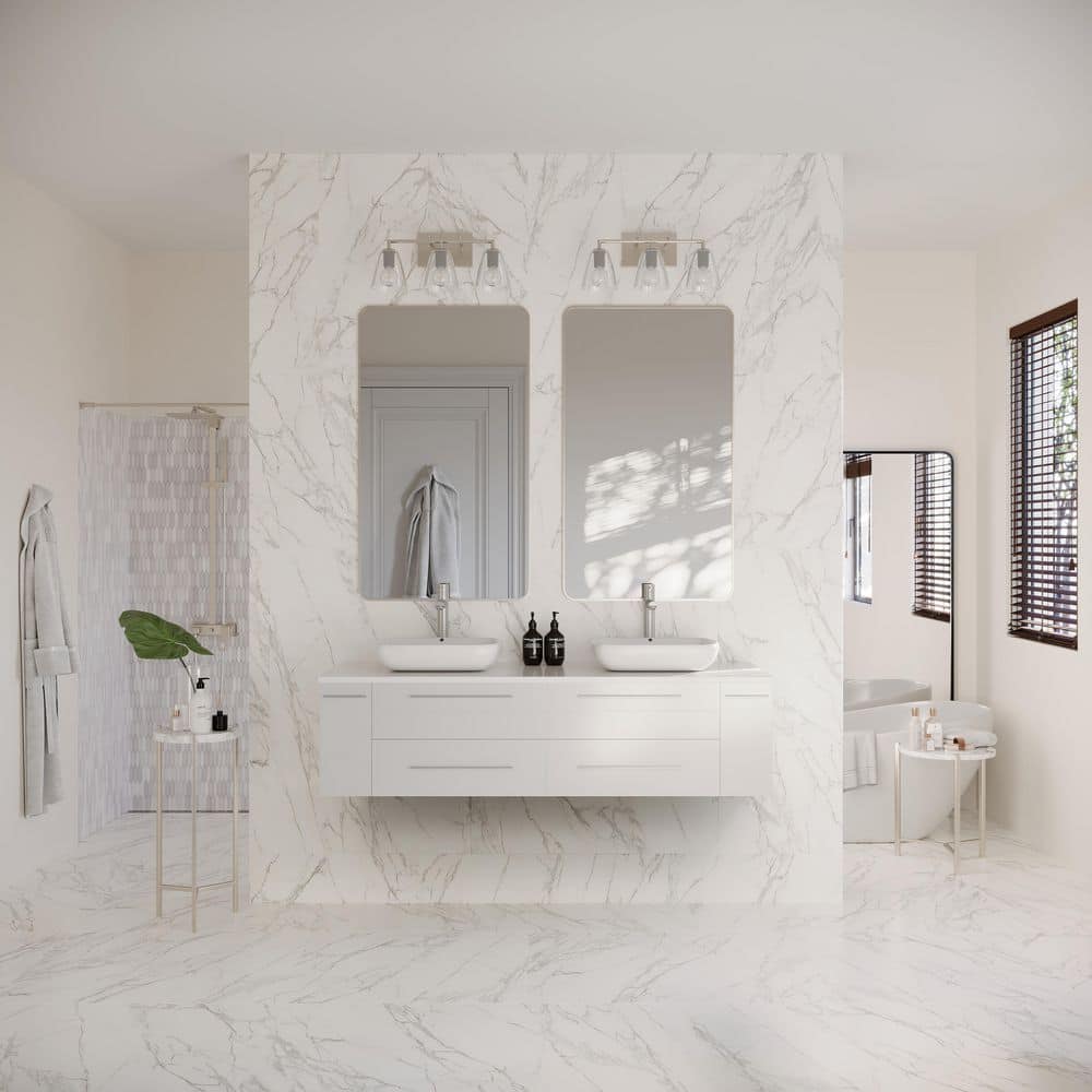 Modern 60" White Quartz Stone Double Vessel Sink Wall-Mount Vanity