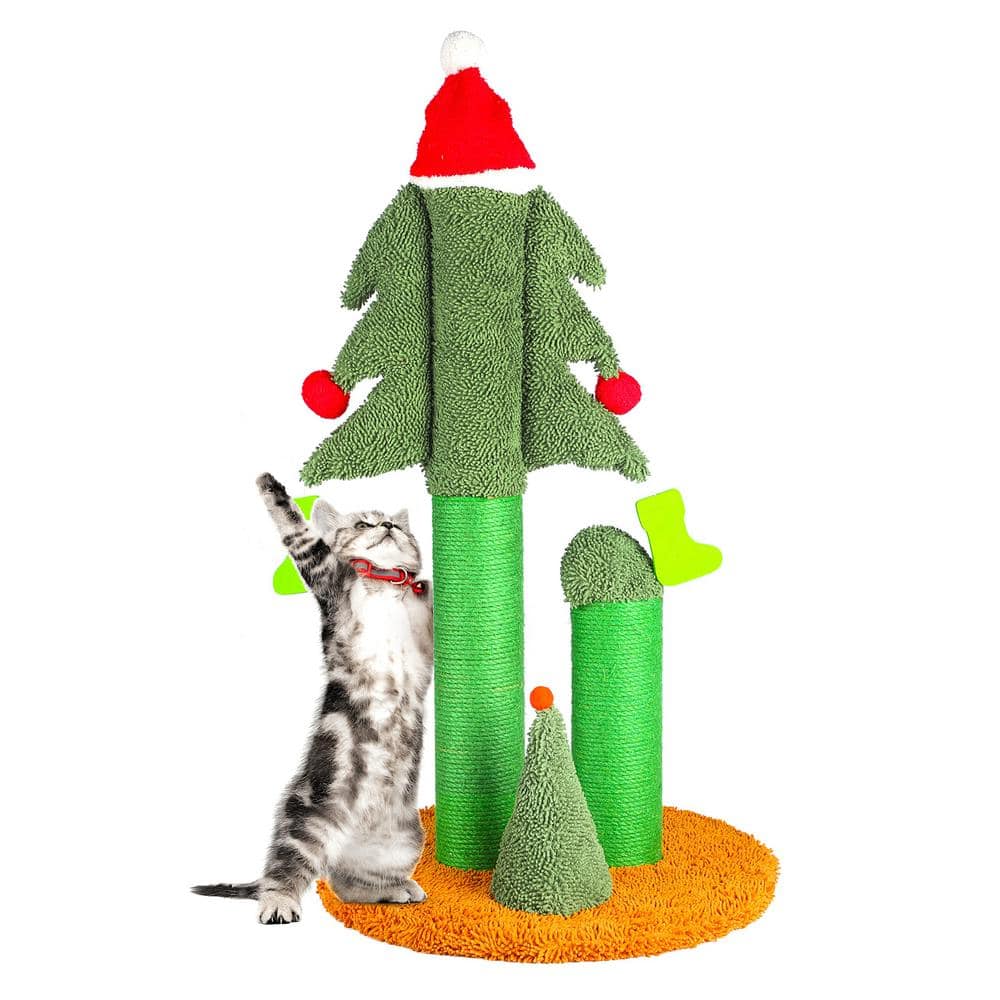 Tatayosi 32 in. Tall Christmas Tree Cat Scratching Post with 3 Posts and Dangling Teaser Balls for Kitty and Adult Cats J H W113472843 The Home Depot