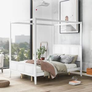 Modern White Queen Size Wood Frame Canopy Platform Bed with Headboard and Footboard, Slat Support Leg