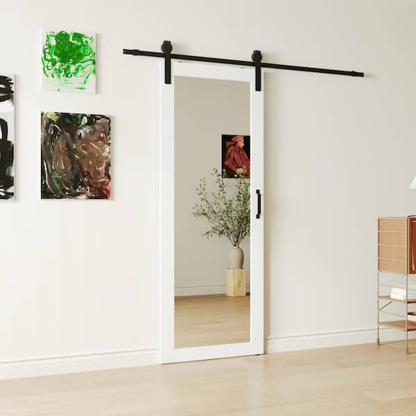 32 in. x 84 in. Full Lite Mirrored Glass White PVC Covering MDF Barn Door Slab with Full Hardware Kit Set, Pre-drilled