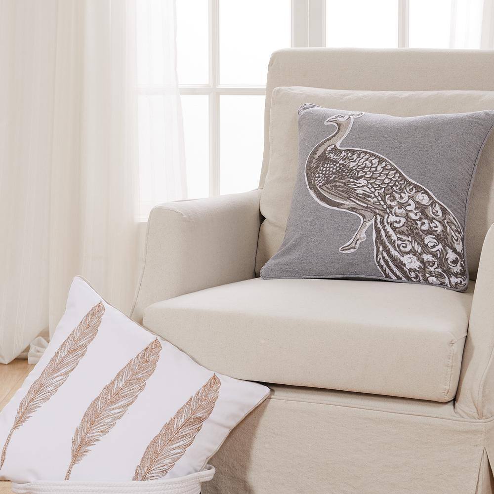 Gold and White Embroidered Feather Square Throw Pillow