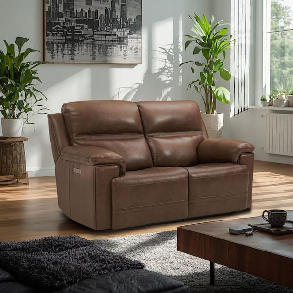 Vito 72 in Genuine Leather Power Reclining Loveseat with Zero Gravity, Headrest and USB/USB-C Ports in LightBrown