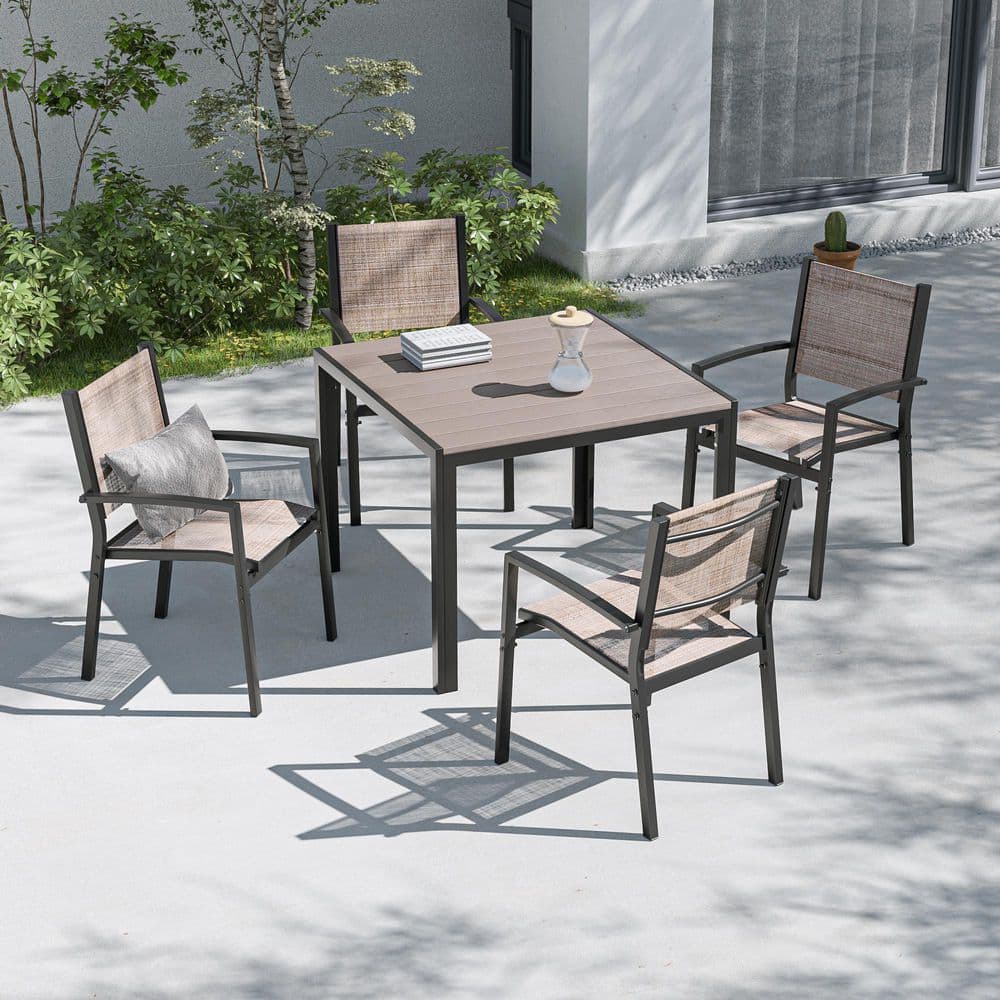 5 Pcs Textilene Outdoor Dining Chair Set with Table Suitable for Outside Backyard and Garden, Taupe