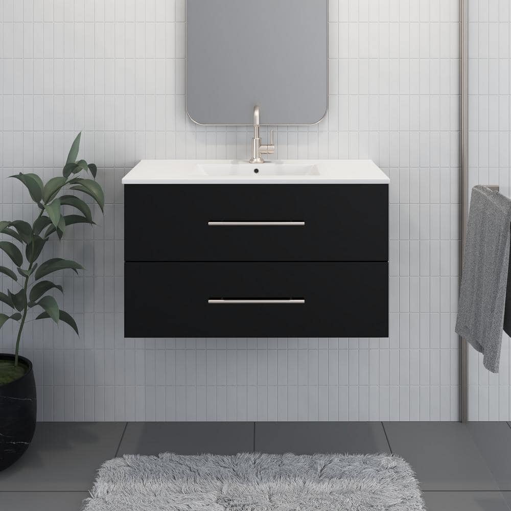 Napa 32 in. W x 18 in. D x 21.38 in. H Single-Sink Bath Vanity Wall Glossy Black White Ceramic Integrated Countertop price history on PriceWatchPro