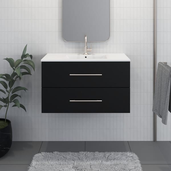 Napa 32 in. W x 18 in. D x 21.38 in. H Single-Sink Bath Vanity Wall Glossy Black White Ceramic Integrated Countertop