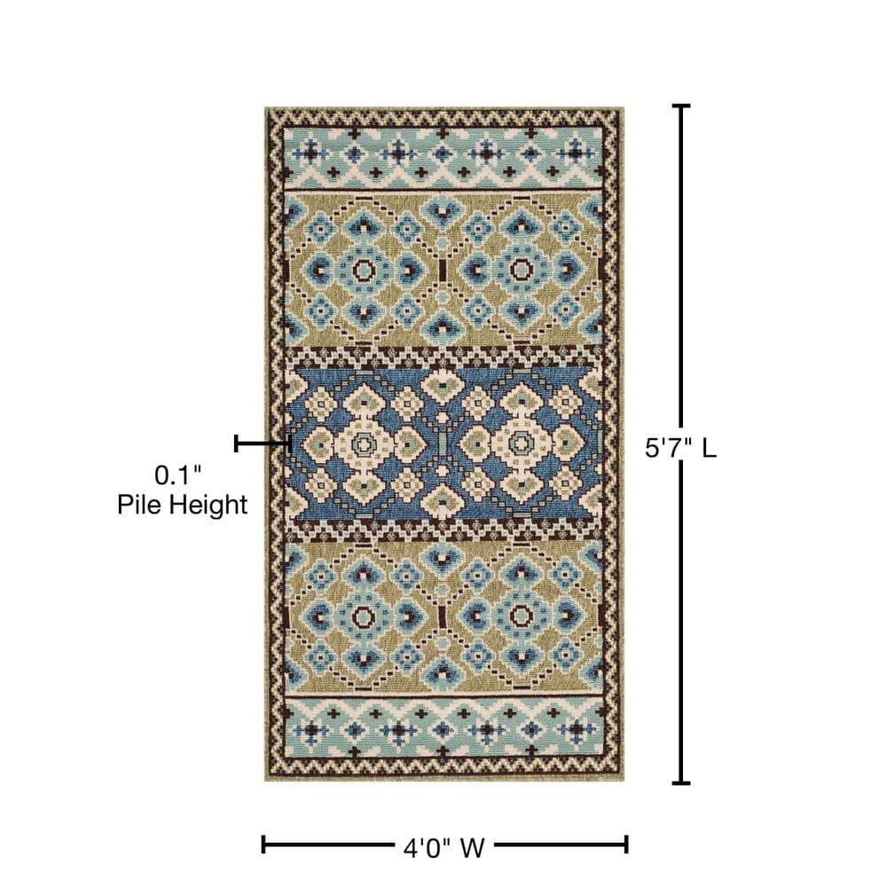 Green and Blue Floral Synthetic Washable Area Rug 4' x 5'7"