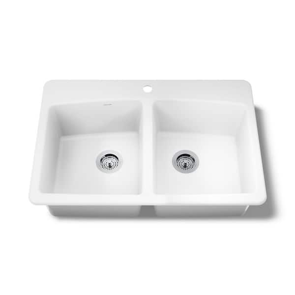 Brookfield Drop-In Cast Iron 33 in. 1-Hole Double Bowl Kitchen Sink in White