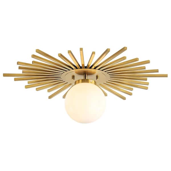 Theresa 23.6 in. 1-Light Mid-Century Modern Gold Semi-Flush Mount Light with Milky-White Frosted Glass Globe Shade