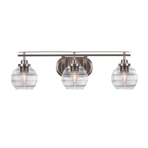 Unbranded Monroe 27.75 in. 3-Light Brushed Nickel Vanity Light 6 in. Clear Ribbed Glass Shade No Bulbs Included