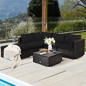 6-Piece Wicker Outdoor Sectional Set with Black Cushions and Tempered Glass Top Coffee Table