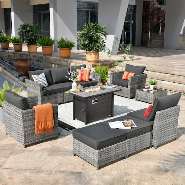 weaxty W Rosemonde Gray 10-Piece Wicker Outerdoor Patio Rectangular Fire Pit Set with Black Cushions