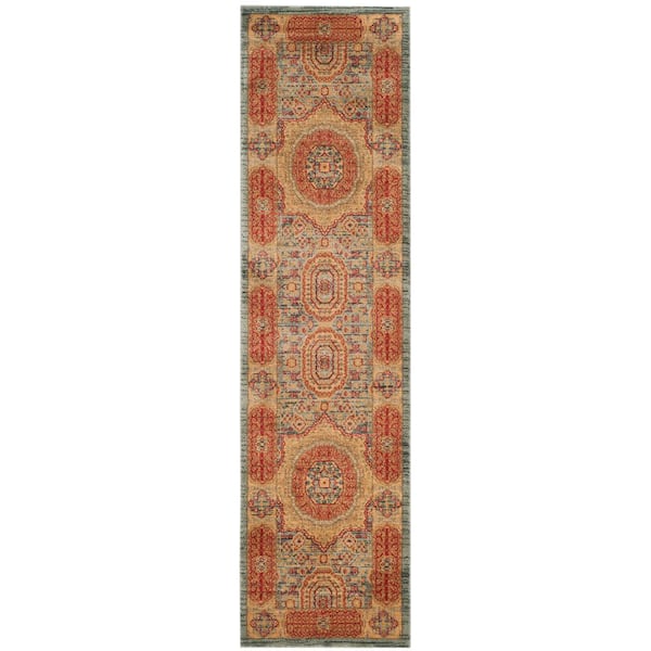 Mahal 2 ft. x 10 ft. Navy/Red Border Ornate Runner Rug