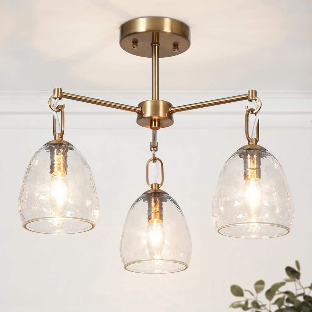 Fizzla 19.3 in. 3-Light Plated Brass Mid-Century Modern Semi-Flush Mount Dimmable Light with Bell Ripple Glass Shades price history on PriceWatchPro