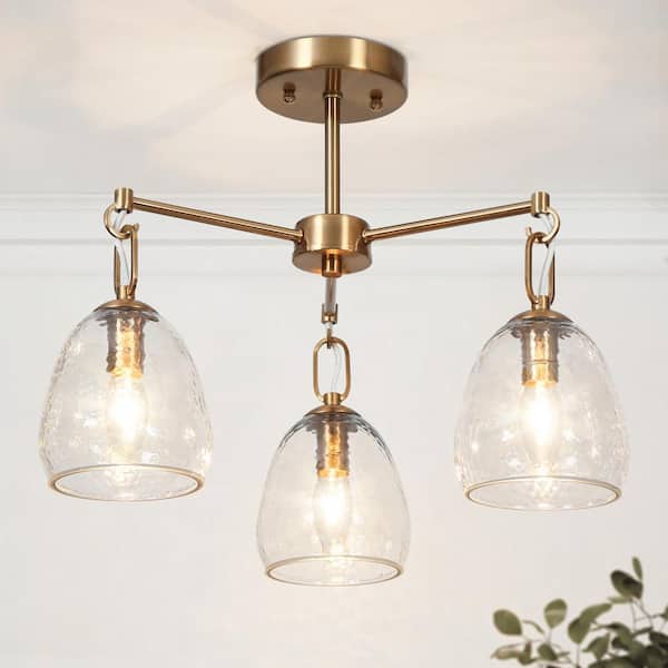 LNC Modern 19.3 in. 3-Light Plated Brass Semi-Flush Mount with Bell Glass Shades