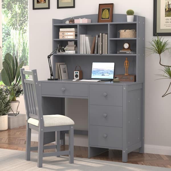 40 in. Rectangular Gray Wood 4-Drawer Computer Desk with Upholstered Chair and Bookshelf