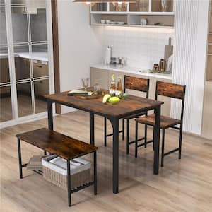 4-Piece Dining Table Set Rustic Desk 2 Chairs and Bench with Storage Rack Brown