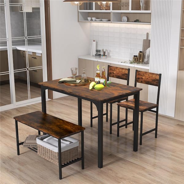 4-Piece Dining Table Set Rustic Desk 2 Chairs and Bench with Storage Rack Brown