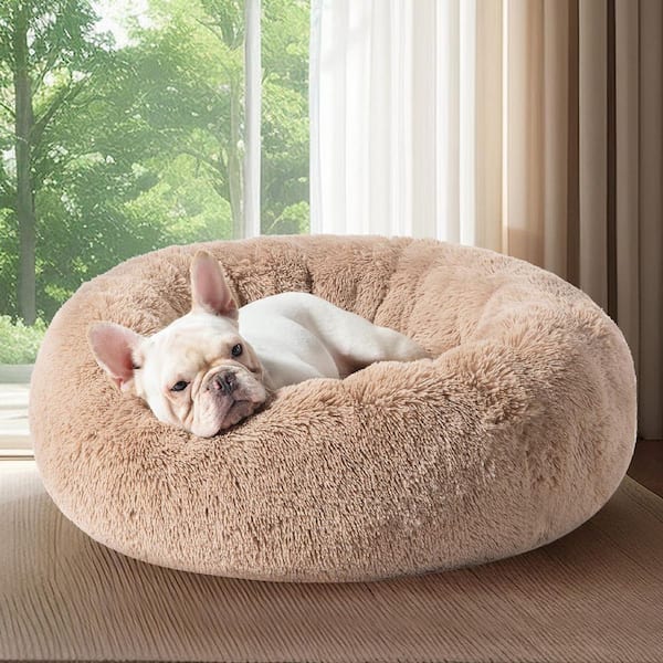 30 in. Calming Dog Bed, Donut Washable Small Puppy Bed, Anti-Slip Round Fluffy Plush Faux Fur Large Cat Bed