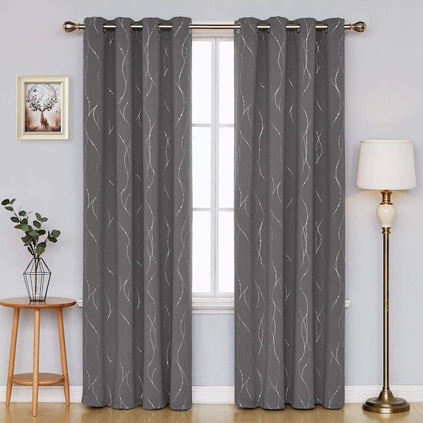 Pro Space 52 in. x 95 in. Gray Geometric Wave Stripe & Dots Blackout Indoor Curtain ( 2 Panels)