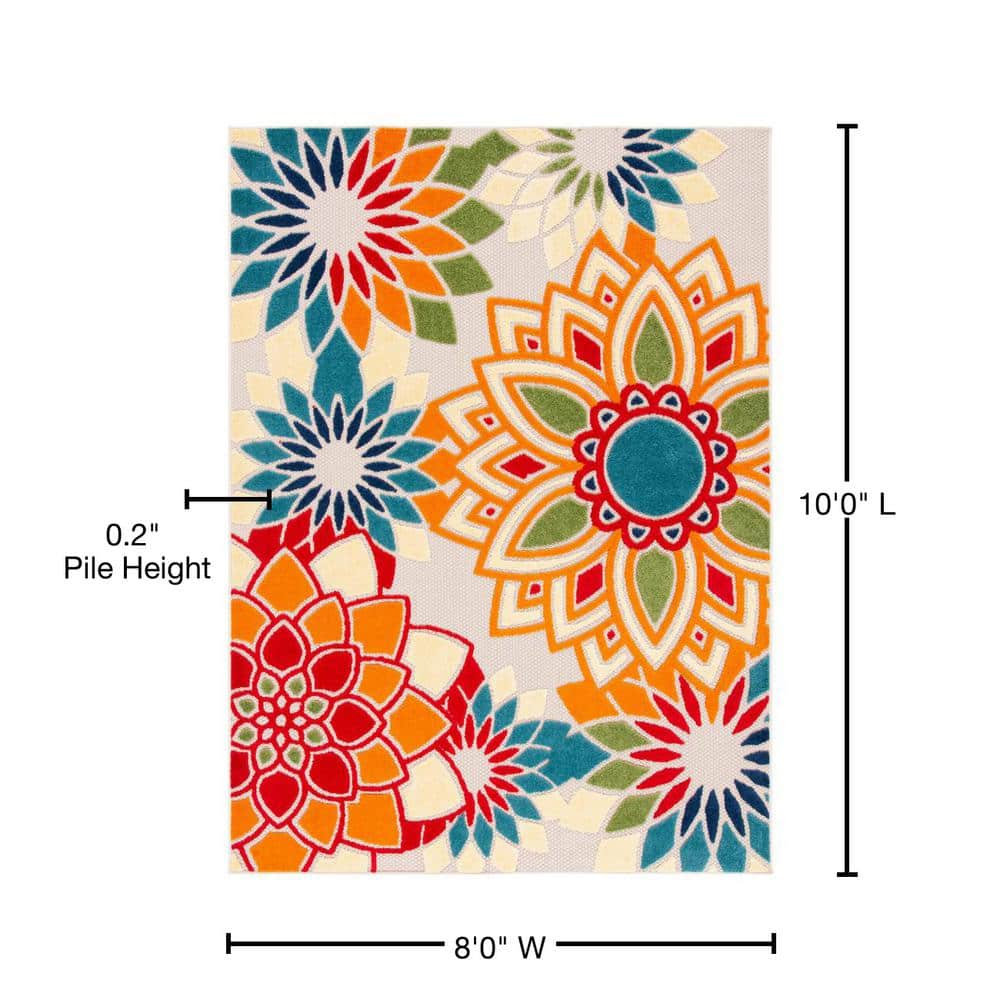 Ivory and Orange Floral Synthetic 8' x 10' Reversible Rug