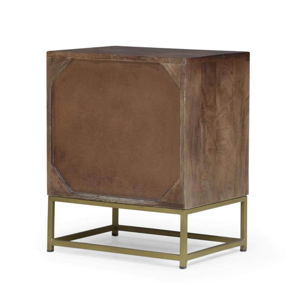 Walnut nightstand with textured front panel and brass frame.