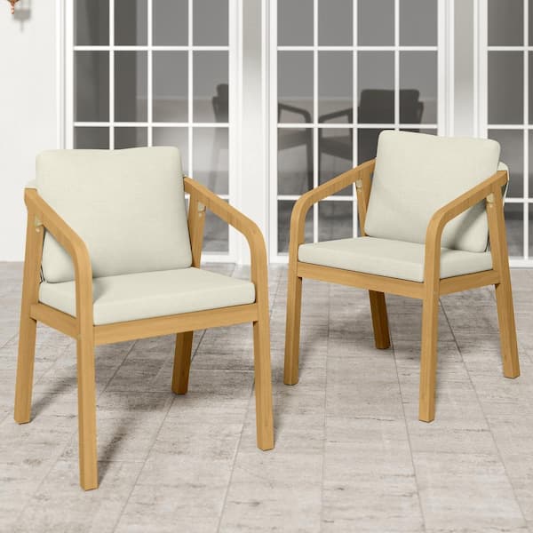 Acacia Wood Outdoor Patio Dining Chairs with Beige Cushions (2-Pack)