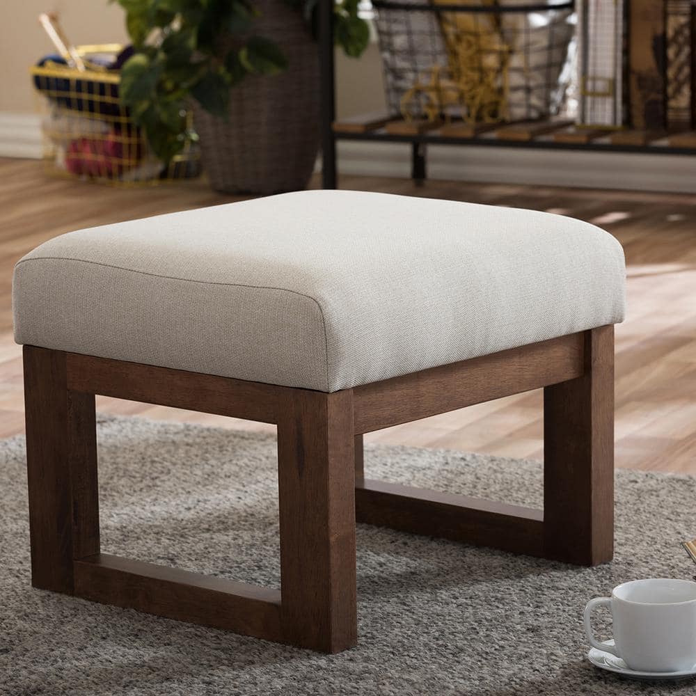 Yashiya Light Beige Fabric Upholstered Ottoman Stool with Walnut Wood Base