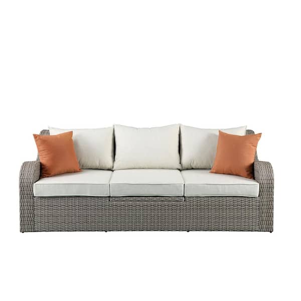 Acme Furniture Salena Gray 3-Piece Wicker Outdoor Patio Sectional and Ottoman Set with Beige Fabric Cushion
