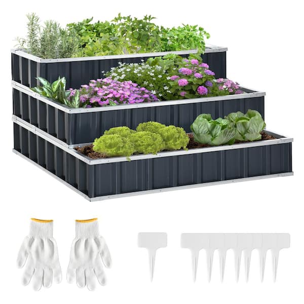 Unbranded 47 in. x 47 in. x 25 in. 3-Tier Raised Garden Bed Color Steel Planter Box w/Gloves, Ideal for Vegetables Herbs & Flowers