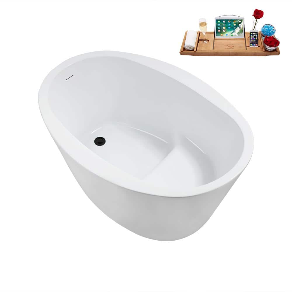 Glossy White Acrylic Freestanding Soaking Bathtub with Matte Black Drain