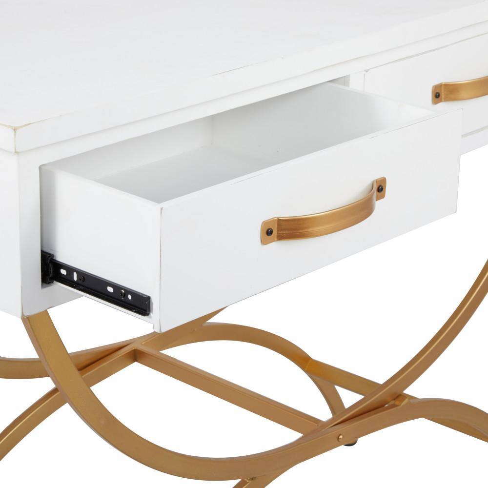 Sleek Pine & Metal Console Table with Dual Storage Drawers, White & Gold