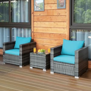 3-Piece Wicker Patio Conversation Set with White Cushions and Tempered Glass Table Top