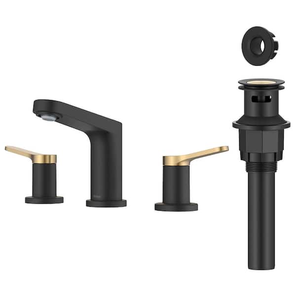 Indy 2-Handle 8 in. Widespread Bathroom Faucet in Spot-Free Brushed Brass / Matte Black with Pop Up Drain
