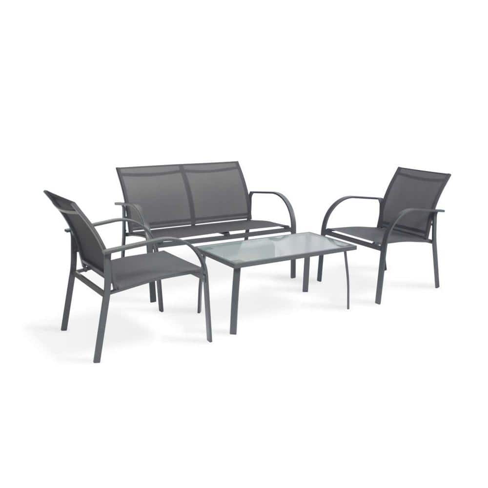 Dark Gray Steel Pipe 4-Piece Metal Patio Conversation Set with 2-seater Sof