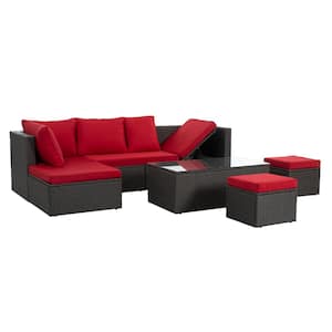 7-Piece Dark Gray Wicker Patio Conversation Set with Red Cushions, Tempered Glass Coffee Table