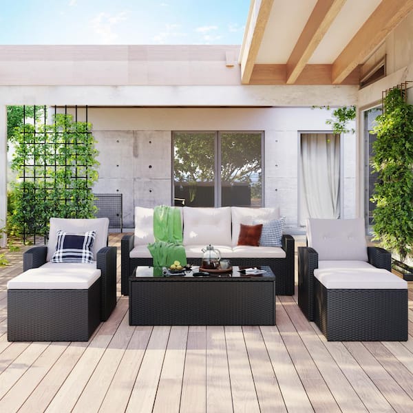 Harper & Bright Designs Black 6-Pieces Wicker Outdoor Conversation Sectional Set with Beige Cushions
