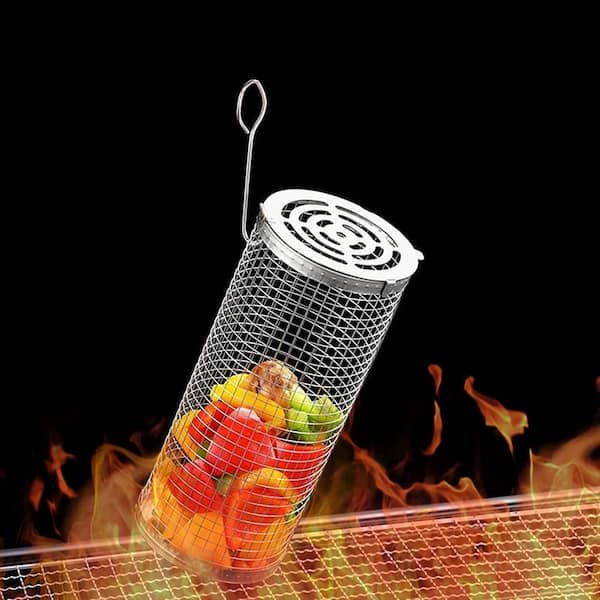Rolling Grilling Basket 2 Pack, Round Stainless Steel Grill Mesh, BBQ Grill Mesh for Vegetables, Fish(M and L, Pack-2)