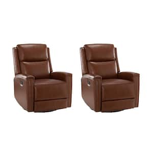 Savino 30.31 in. Wide Brown Genuine Leather Swivel Rocker Recliner with Metal Legs (Set of 2)