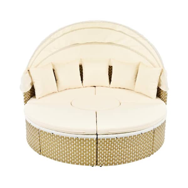 Sudzendf Round Wicker Outdoor Sectional Sofa Set Daybed 2-Tone Weave Sunbed with Retractable Canopy and Beige Removable Cushion
