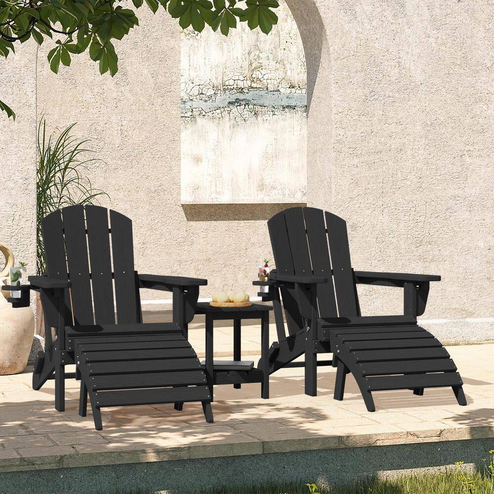 Black Outdoor 5-Piece HDPE Plastic Patio Chat Set, 2-Adirondack Chairs with Side Table and 2-Folding Ottomans price history on PriceWatchPro
