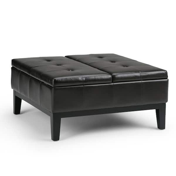 Simpli Home Dover 36 in. Contemporary Square Storage Ottoman in Tanners Brown Faux Leather