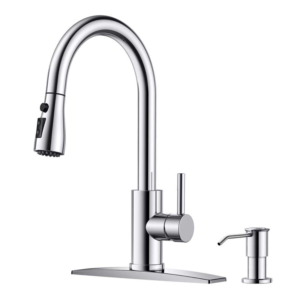 Single-Handle Pull Down Sprayer Kitchen Faucet with Soap Dispenser Stainless Steel in Chrome -  androme, AA23CH-SD