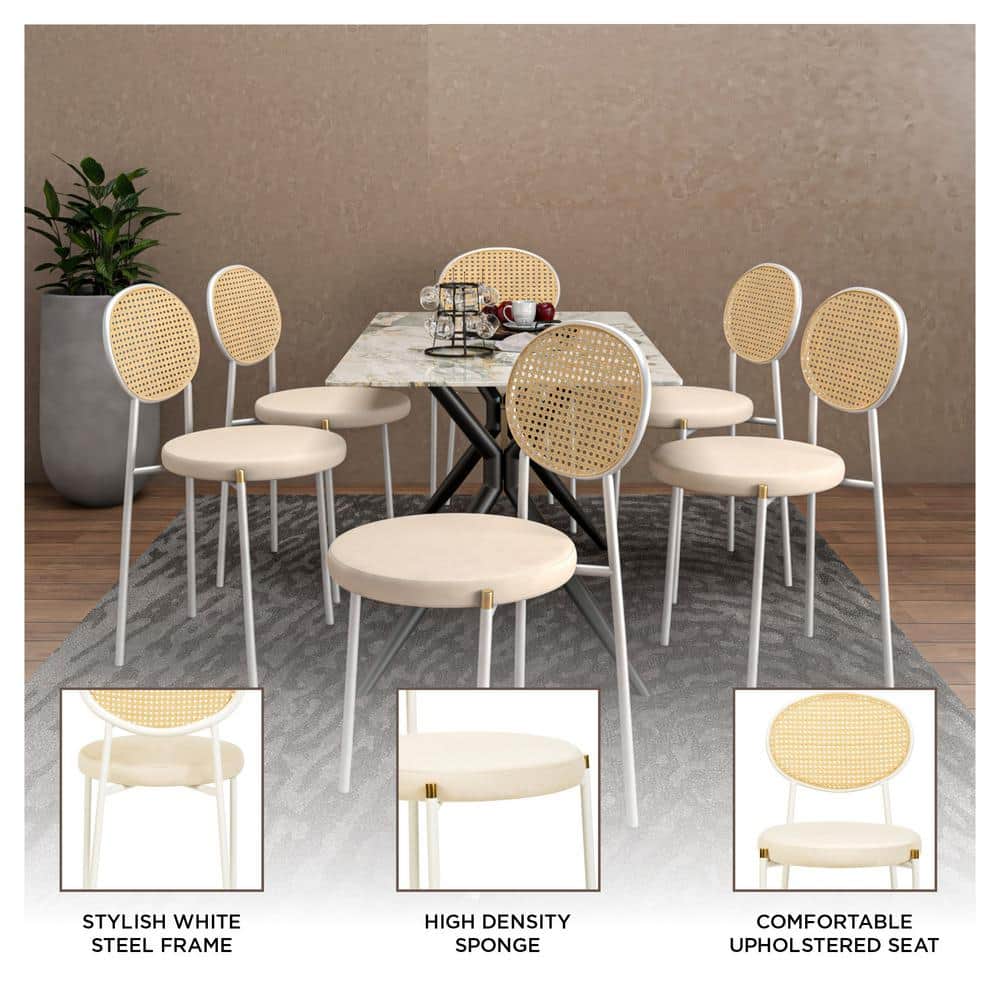 Beige Velvet Side Chair with Rattan Back and White Metal Frame