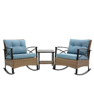 3-Piece Wicker Patio Conversation Set Rattan Rocking Chair Set with Steel Frame and Blue Cushions