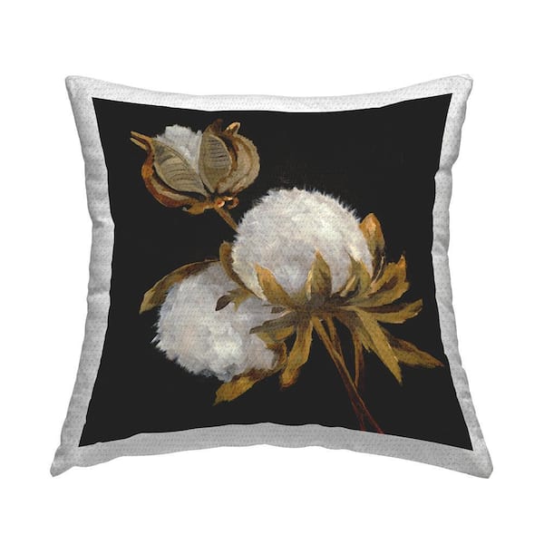 Budding Cotton Flowers Black Square Outdoor Throw Pillow