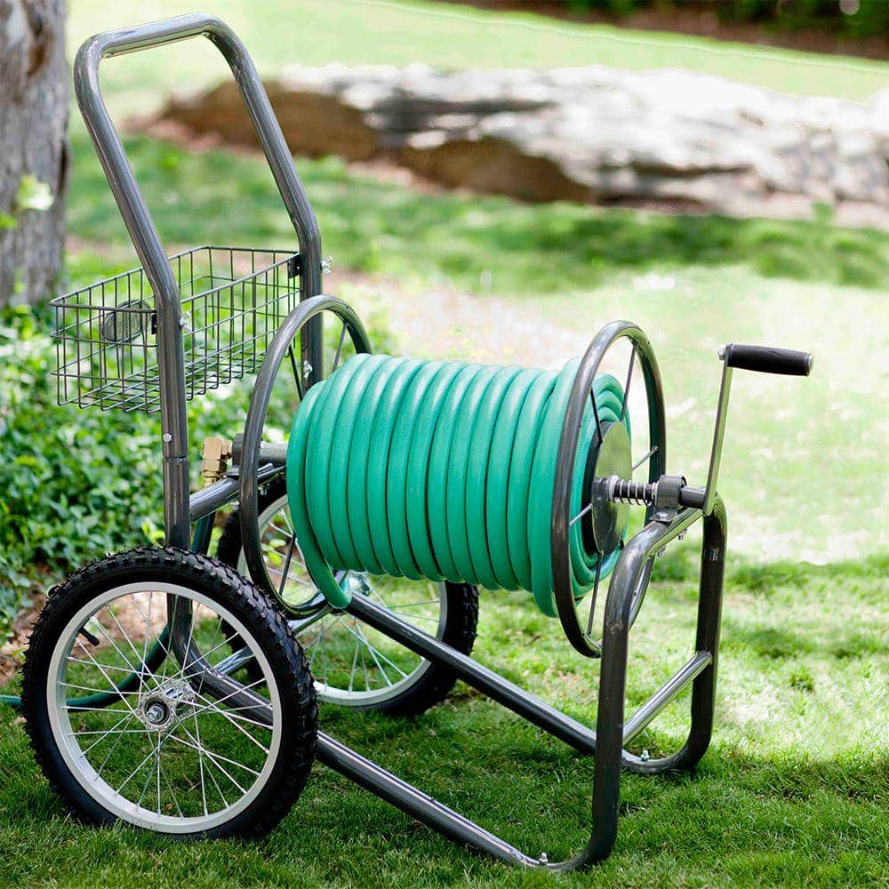 Liberty Garden Brown Steel 300-Foot Hose Reel Cart with Basket